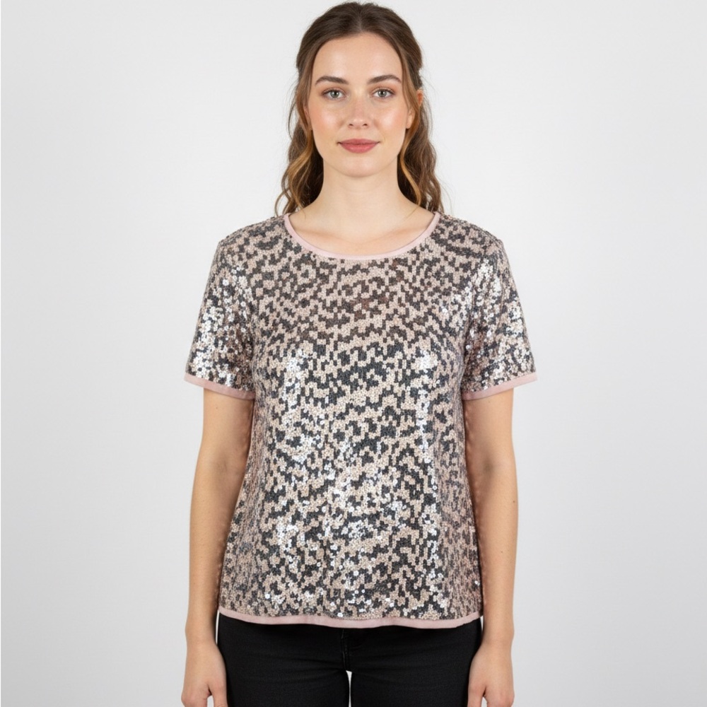 Pleione Anthropologie Peach and Silver Sequin Blouse
